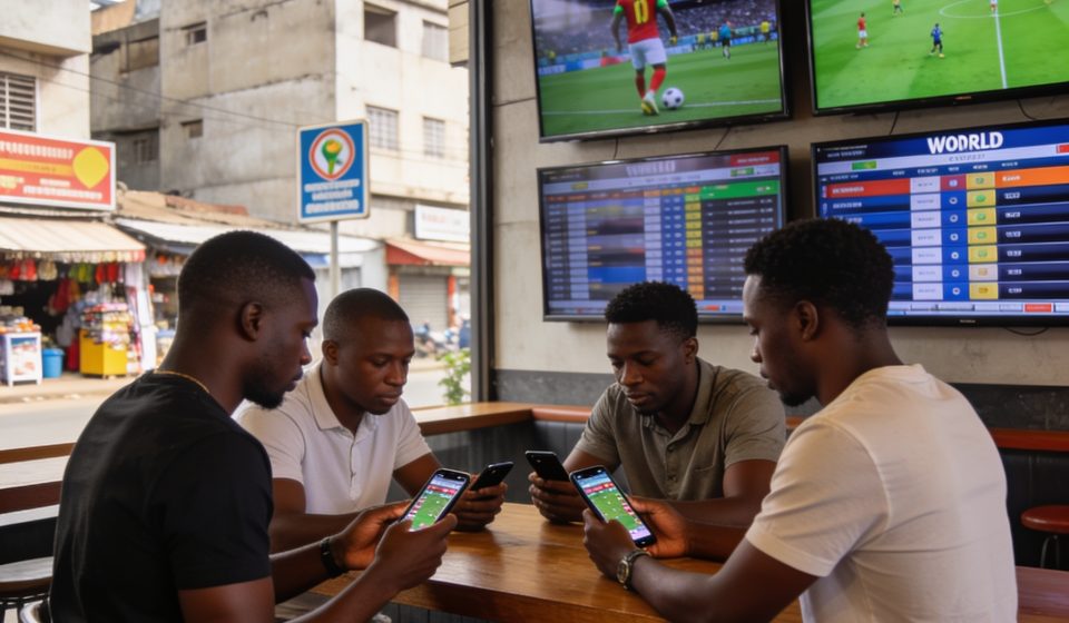 Create an editorial news illustration for an article about '1xBet World Win 2026 : le guide ultime pour les parieurs congolais pendant la Coupe du Monde'. The specific country is Republique du Congo (Brazzaville) (CG); make visual cues accurate to th