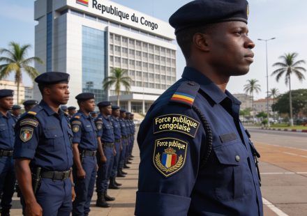 Create an editorial news illustration for an article about '65e anniversaire de la Force publique congolaise : l’endurance au service de la sécurité'. The specific country is Republique du Congo (Brazzaville) (CG); make visual cues accurate to this e