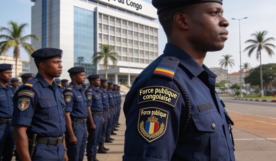 Create an editorial news illustration for an article about '65e anniversaire de la Force publique congolaise : l’endurance au service de la sécurité'. The specific country is Republique du Congo (Brazzaville) (CG); make visual cues accurate to this e