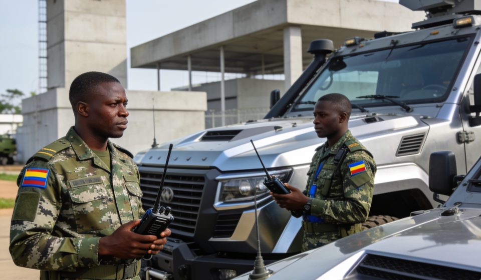 Create an editorial news illustration for an article about '65e anniversaire des FAC : le gouvernement réaffirme son engagement pour une défense moderne'. The specific country is Republique du Congo (Brazzaville) (CG); make visual cues accurate to th