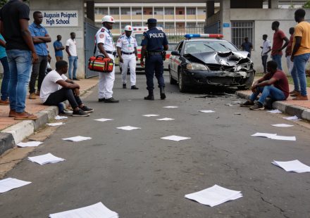 Create an editorial news illustration for an article about 'Accident mortel près du lycée Augustin Poignet : quatre vies fauchées en pleine session du BEPC'. The specific country is Republique du Congo (Brazzaville) (CG); make visual cues accurate to