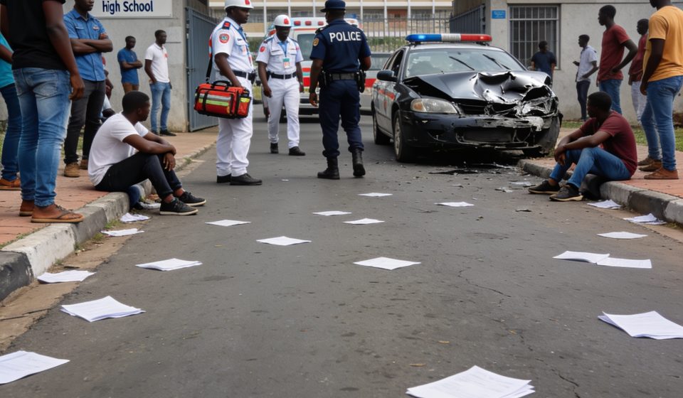 Create an editorial news illustration for an article about 'Accident mortel près du lycée Augustin Poignet : quatre vies fauchées en pleine session du BEPC'. The specific country is Republique du Congo (Brazzaville) (CG); make visual cues accurate to