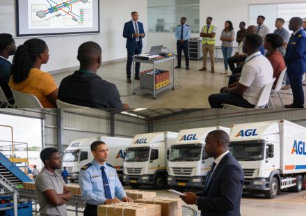 Create an editorial news illustration for an article about 'AGL Congo initie les étudiants aux métiers de la logistique lors d’une journée portes ouvertes'. The specific country is Republique du Congo (Brazzaville) (CG); make visual cues accurate to