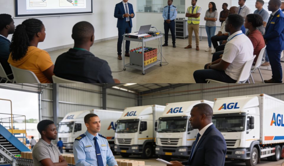 Create an editorial news illustration for an article about 'AGL Congo initie les étudiants aux métiers de la logistique lors d’une journée portes ouvertes'. The specific country is Republique du Congo (Brazzaville) (CG); make visual cues accurate to