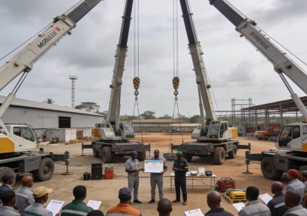 Create an editorial news illustration for an article about 'AGL Congo renforce la sécurité : 25 employés certifiés à la conduite de grues mobiles'. The specific country is Republique du Congo (Brazzaville) (CG); make visual cues accurate to this exac