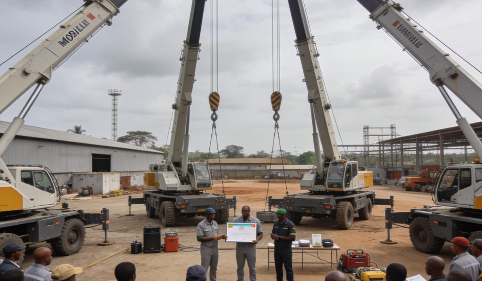 Create an editorial news illustration for an article about 'AGL Congo renforce la sécurité : 25 employés certifiés à la conduite de grues mobiles'. The specific country is Republique du Congo (Brazzaville) (CG); make visual cues accurate to this exac