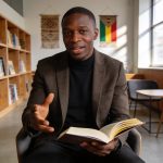 Create an editorial news illustration for an article about 'André Yaba célèbre la sagesse des Bandzèbi à travers un livre enrichi'. The specific country is Republique du Congo (Brazzaville) (CG); make visual cues accurate to this exact country and av