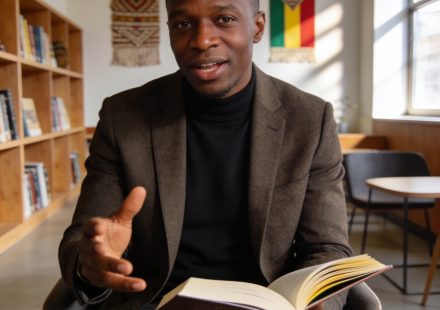 Create an editorial news illustration for an article about 'André Yaba célèbre la sagesse des Bandzèbi à travers un livre enrichi'. The specific country is Republique du Congo (Brazzaville) (CG); make visual cues accurate to this exact country and av