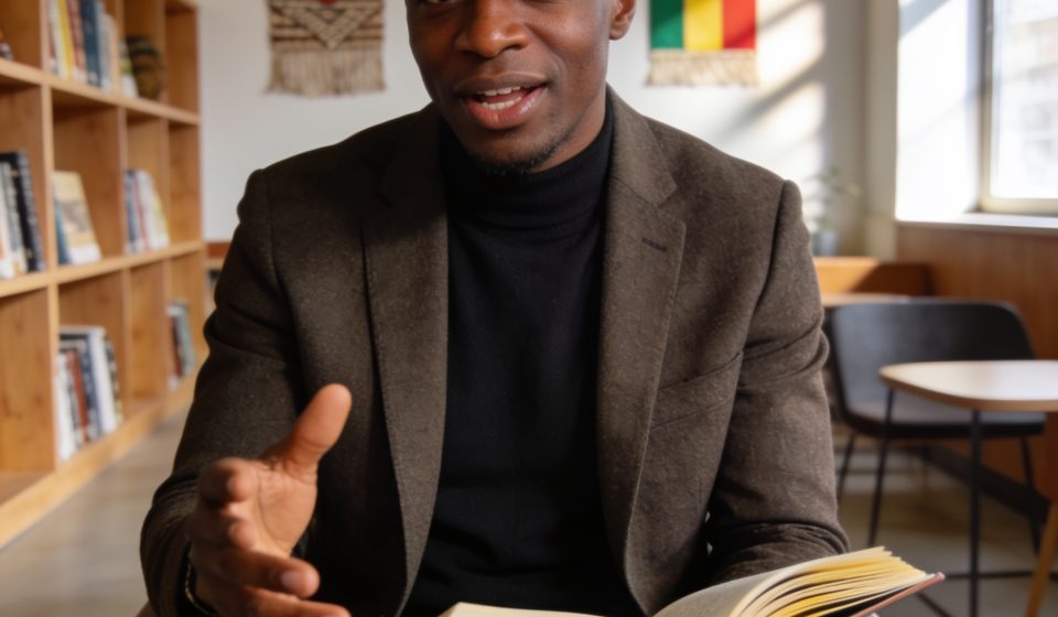 Create an editorial news illustration for an article about 'André Yaba célèbre la sagesse des Bandzèbi à travers un livre enrichi'. The specific country is Republique du Congo (Brazzaville) (CG); make visual cues accurate to this exact country and av
