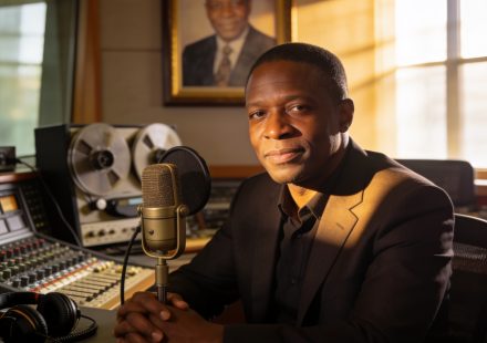 Create an editorial news illustration for an article about 'André Yabi Yabi, légende de Radio Congo, s’éteint : la nation rend hommage à sa voix inoubliable'. The specific country is Republique du Congo (Brazzaville) (CG); make visual cues accurate t