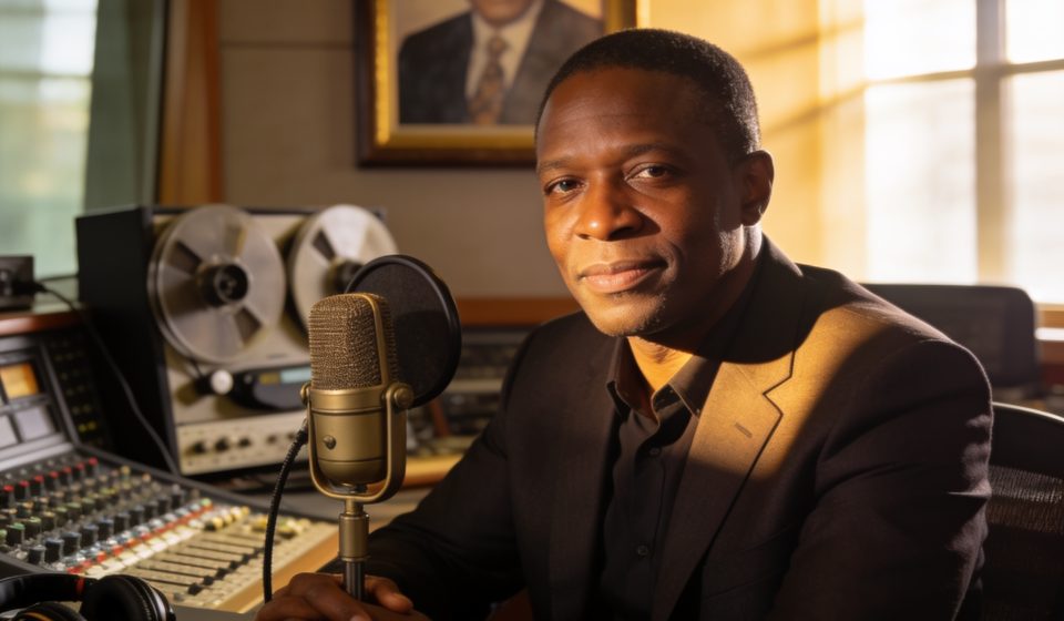 Create an editorial news illustration for an article about 'André Yabi Yabi, légende de Radio Congo, s’éteint : la nation rend hommage à sa voix inoubliable'. The specific country is Republique du Congo (Brazzaville) (CG); make visual cues accurate t