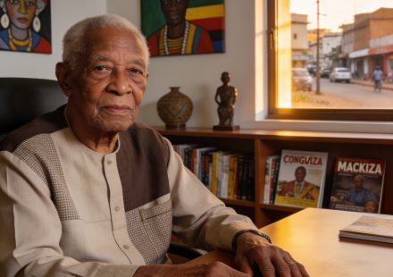 Create an editorial news illustration for an article about 'Bernard Mackiza, figure emblématique du journalisme congolais, se livre dans «Cartes sur table» à 92 ans'. The specific country is Republique du Congo (Brazzaville) (CG); make visual cues ac