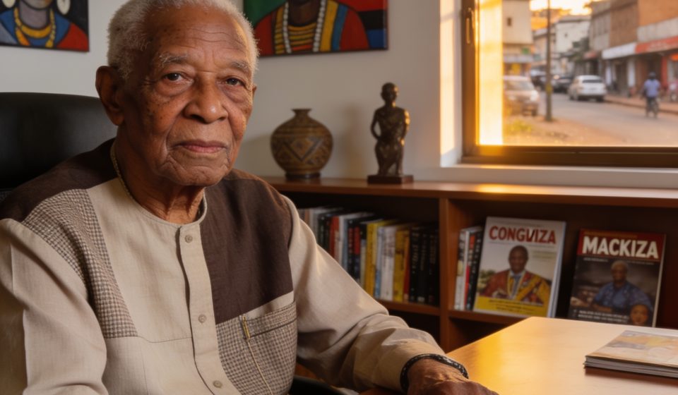 Create an editorial news illustration for an article about 'Bernard Mackiza, figure emblématique du journalisme congolais, se livre dans «Cartes sur table» à 92 ans'. The specific country is Republique du Congo (Brazzaville) (CG); make visual cues ac