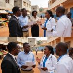 Create an editorial news illustration for an article about 'Brazzaville : la Mutuelle des travailleurs congolais milite pour une couverture santé plus large'. The specific country is Republique du Congo (Brazzaville) (CG); make visual cues accurate t