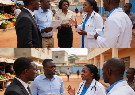Create an editorial news illustration for an article about 'Brazzaville : la Mutuelle des travailleurs congolais milite pour une couverture santé plus large'. The specific country is Republique du Congo (Brazzaville) (CG); make visual cues accurate t