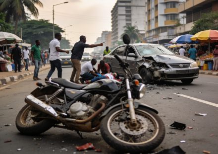 Create an editorial news illustration for an article about 'Brazzaville : un spectaculaire accident de la route mobilise la solidarité citoyenne sur l’avenue Nelson Mandela'. The specific country is Republique du Congo (Brazzaville) (CG); make visual