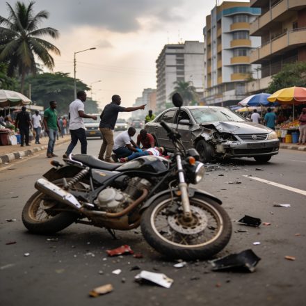 Create an editorial news illustration for an article about 'Brazzaville : un spectaculaire accident de la route mobilise la solidarité citoyenne sur l’avenue Nelson Mandela'. The specific country is Republique du Congo (Brazzaville) (CG); make visual