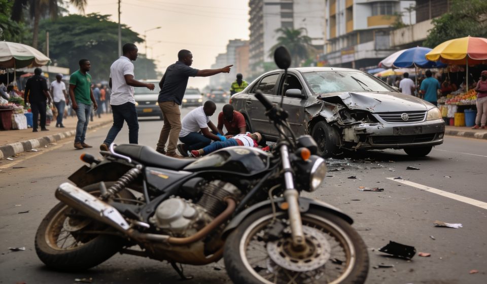Create an editorial news illustration for an article about 'Brazzaville : un spectaculaire accident de la route mobilise la solidarité citoyenne sur l’avenue Nelson Mandela'. The specific country is Republique du Congo (Brazzaville) (CG); make visual