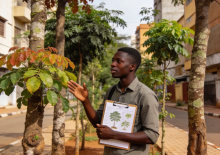 Create an editorial news illustration for an article about 'Brazzaville : une jeune chercheuse appelle à diversifier les arbres urbains contre les risques phytosanitaires'. The specific country is Republique du Congo (Brazzaville) (CG); make visual c