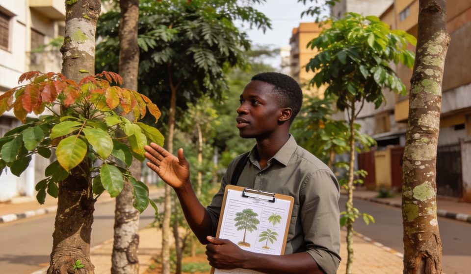 Create an editorial news illustration for an article about 'Brazzaville : une jeune chercheuse appelle à diversifier les arbres urbains contre les risques phytosanitaires'. The specific country is Republique du Congo (Brazzaville) (CG); make visual c