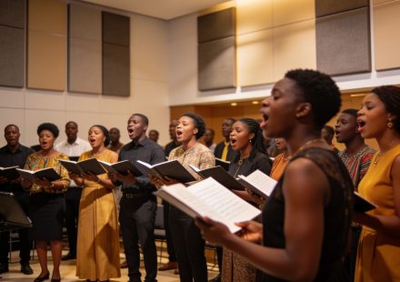 Create an editorial news illustration for an article about 'Concours des chorales : Brazzaville accueille la 8e édition du « Congo a du chœur » en juillet'. The specific country is Republique du Congo (Brazzaville) (CG); make visual cues accurate to