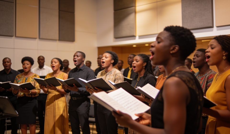 Create an editorial news illustration for an article about 'Concours des chorales : Brazzaville accueille la 8e édition du « Congo a du chœur » en juillet'. The specific country is Republique du Congo (Brazzaville) (CG); make visual cues accurate to
