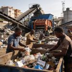 Create an editorial news illustration for an article about 'Congo-Brazzaville : Induco prévoit 3000 emplois indirects grâce au recyclage des déchets'. The specific country is Republique du Congo (Brazzaville) (CG); make visual cues accurate to this e