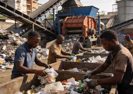 Create an editorial news illustration for an article about 'Congo-Brazzaville : Induco prévoit 3000 emplois indirects grâce au recyclage des déchets'. The specific country is Republique du Congo (Brazzaville) (CG); make visual cues accurate to this e