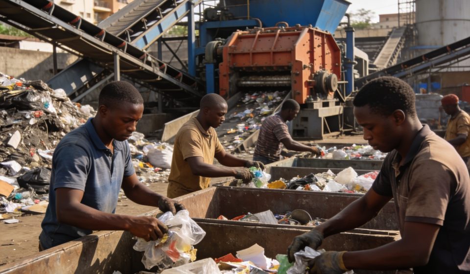 Create an editorial news illustration for an article about 'Congo-Brazzaville : Induco prévoit 3000 emplois indirects grâce au recyclage des déchets'. The specific country is Republique du Congo (Brazzaville) (CG); make visual cues accurate to this e