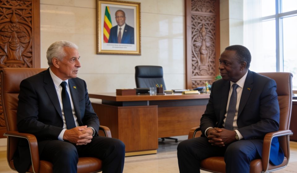 Create an editorial news illustration for an article about 'Congo : Claude Le Roy, nouveau sélectionneur des Diables Rouges, reçu par le Président Sassou-N’Guesso'. The specific country is Republique du Congo (Brazzaville) (CG); make visual cues accu