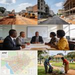 Create an editorial news illustration for an article about 'Congo – Foncier : l’Afat réclame des moyens renforcés pour l’aménagement urbain'. The specific country is Republique du Congo (Brazzaville) (CG); make visual cues accurate to this exact coun
