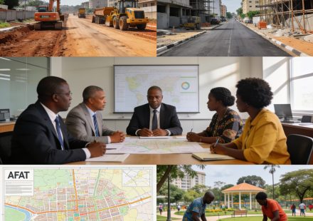 Create an editorial news illustration for an article about 'Congo – Foncier : l’Afat réclame des moyens renforcés pour l’aménagement urbain'. The specific country is Republique du Congo (Brazzaville) (CG); make visual cues accurate to this exact coun