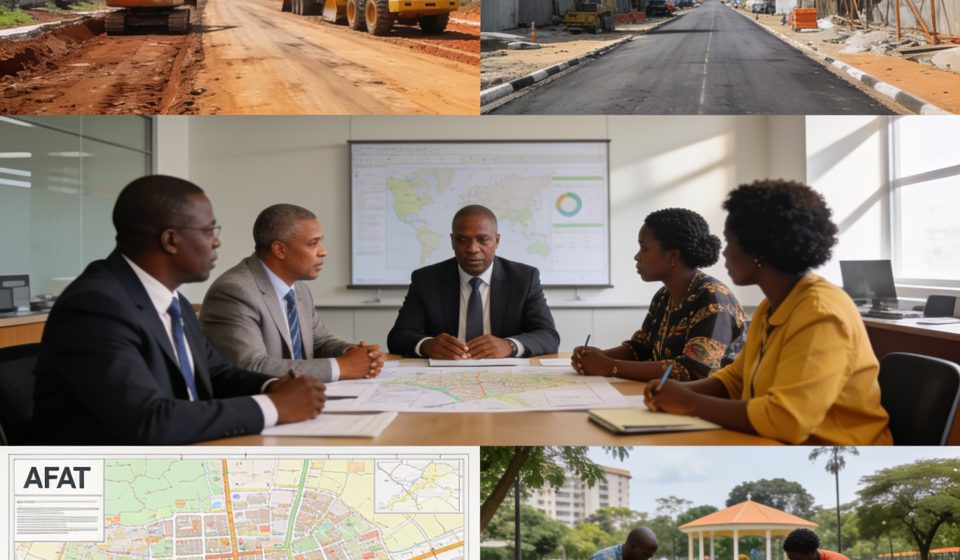 Create an editorial news illustration for an article about 'Congo – Foncier : l’Afat réclame des moyens renforcés pour l’aménagement urbain'. The specific country is Republique du Congo (Brazzaville) (CG); make visual cues accurate to this exact coun