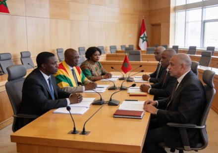 Create an editorial news illustration for an article about 'Congo – Maroc : la coopération parlementaire au cœur d’une rencontre au Sénat'. The specific country is Republique du Congo (Brazzaville) (CG); make visual cues accurate to this exact countr