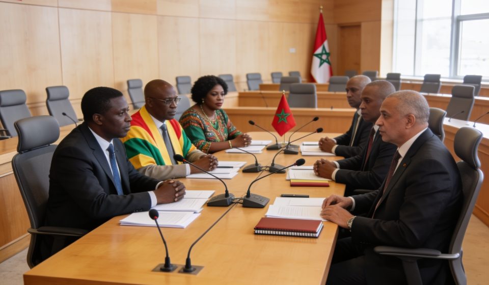 Create an editorial news illustration for an article about 'Congo – Maroc : la coopération parlementaire au cœur d’une rencontre au Sénat'. The specific country is Republique du Congo (Brazzaville) (CG); make visual cues accurate to this exact countr