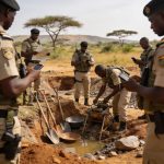 Create an editorial news illustration for an article about 'Congo : Sassou N’Guesso lance une task force contre l’orpaillage sauvage dans le nord et le sud-ouest'. The specific country is Republique du Congo (Brazzaville) (CG); make visual cues accur