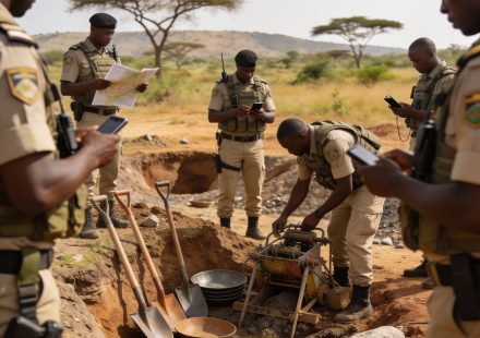 Create an editorial news illustration for an article about 'Congo : Sassou N’Guesso lance une task force contre l’orpaillage sauvage dans le nord et le sud-ouest'. The specific country is Republique du Congo (Brazzaville) (CG); make visual cues accur