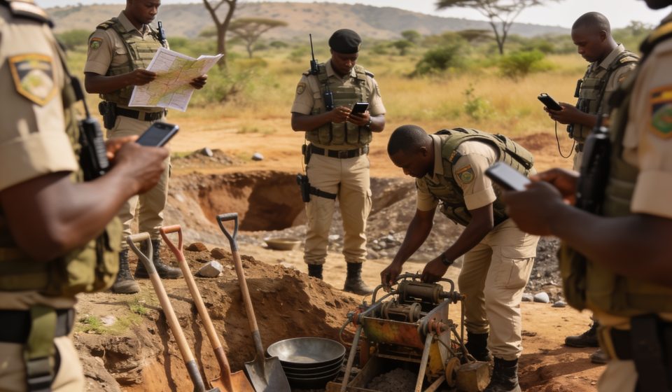Create an editorial news illustration for an article about 'Congo : Sassou N’Guesso lance une task force contre l’orpaillage sauvage dans le nord et le sud-ouest'. The specific country is Republique du Congo (Brazzaville) (CG); make visual cues accur