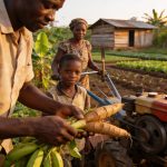 Create an editorial news illustration for an article about 'Congo : Vers un plan d’action national pour booster l’agriculture familiale'. The specific country is Republique du Congo (Brazzaville) (CG); make visual cues accurate to this exact country