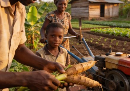 Create an editorial news illustration for an article about 'Congo : Vers un plan d’action national pour booster l’agriculture familiale'. The specific country is Republique du Congo (Brazzaville) (CG); make visual cues accurate to this exact country