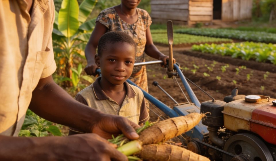 Create an editorial news illustration for an article about 'Congo : Vers un plan d’action national pour booster l’agriculture familiale'. The specific country is Republique du Congo (Brazzaville) (CG); make visual cues accurate to this exact country