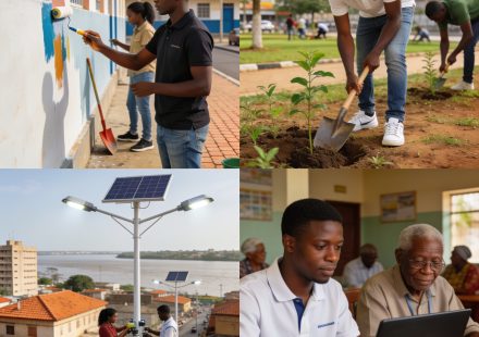 Create an editorial news illustration for an article about 'Congo-Volontariat : plus de 6 400 jeunes engagés pour l’emploi et le développement'. The specific country is Republique du Congo (Brazzaville) (CG); make visual cues accurate to this exact c