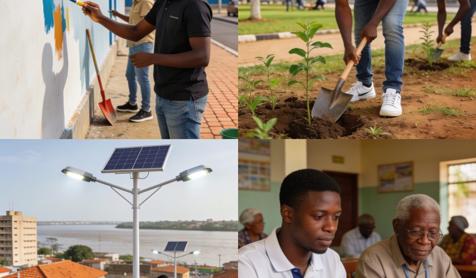 Create an editorial news illustration for an article about 'Congo-Volontariat : plus de 6 400 jeunes engagés pour l’emploi et le développement'. The specific country is Republique du Congo (Brazzaville) (CG); make visual cues accurate to this exact c