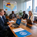 Create an editorial news illustration for an article about 'Coopération Congo-ONU : un bilan 2025 jugé satisfaisant'. The specific country is Republique du Congo (Brazzaville) (CG); make visual cues accurate to this exact country and avoid flags or s