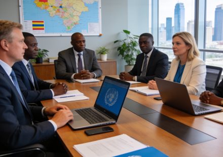 Create an editorial news illustration for an article about 'Coopération Congo-ONU : un bilan 2025 jugé satisfaisant'. The specific country is Republique du Congo (Brazzaville) (CG); make visual cues accurate to this exact country and avoid flags or s