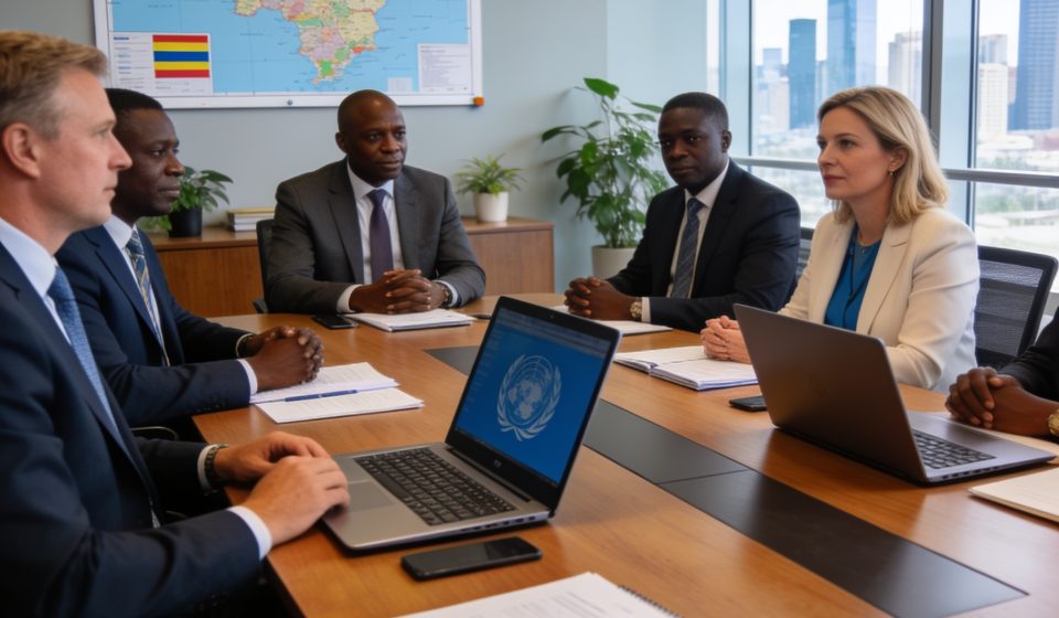 Create an editorial news illustration for an article about 'Coopération Congo-ONU : un bilan 2025 jugé satisfaisant'. The specific country is Republique du Congo (Brazzaville) (CG); make visual cues accurate to this exact country and avoid flags or s