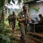 Create an editorial news illustration for an article about 'Criminalité faunique : le Congo dresse l’état des lieux de ses capacités d’intervention'. The specific country is Republique du Congo (Brazzaville) (CG); make visual cues accurate to this ex