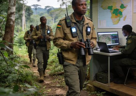 Create an editorial news illustration for an article about 'Criminalité faunique : le Congo dresse l’état des lieux de ses capacités d’intervention'. The specific country is Republique du Congo (Brazzaville) (CG); make visual cues accurate to this ex