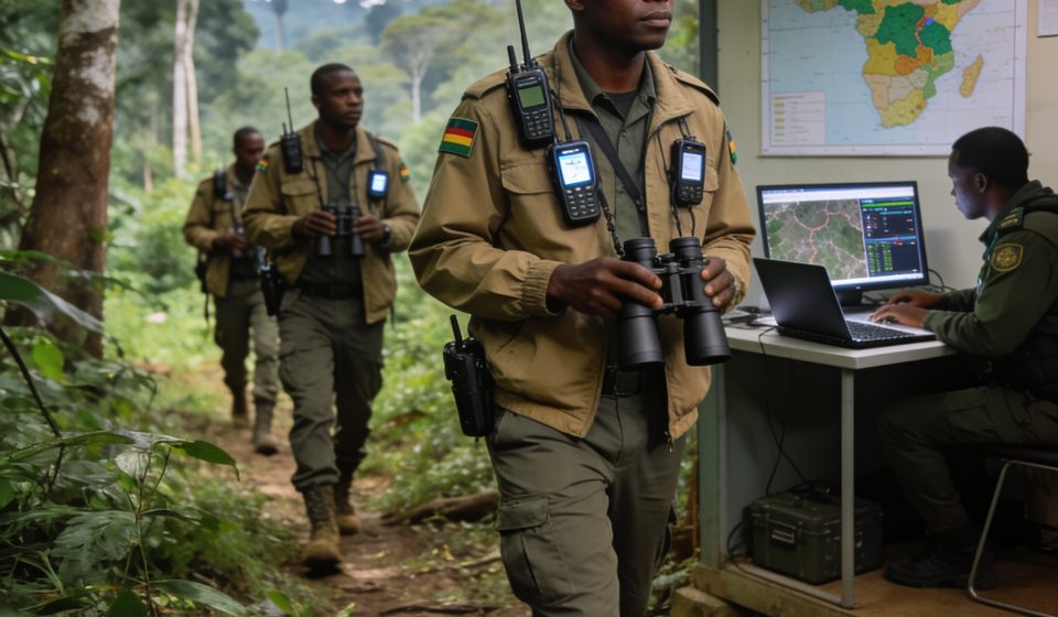 Create an editorial news illustration for an article about 'Criminalité faunique : le Congo dresse l’état des lieux de ses capacités d’intervention'. The specific country is Republique du Congo (Brazzaville) (CG); make visual cues accurate to this ex