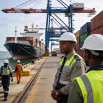 Create an editorial news illustration for an article about 'Détroit d’Ormuz : le point de bascule qui recompose la carte portuaire africaine'. The specific country is Republique du Congo (Brazzaville) (CG); make visual cues accurate to this exact cou